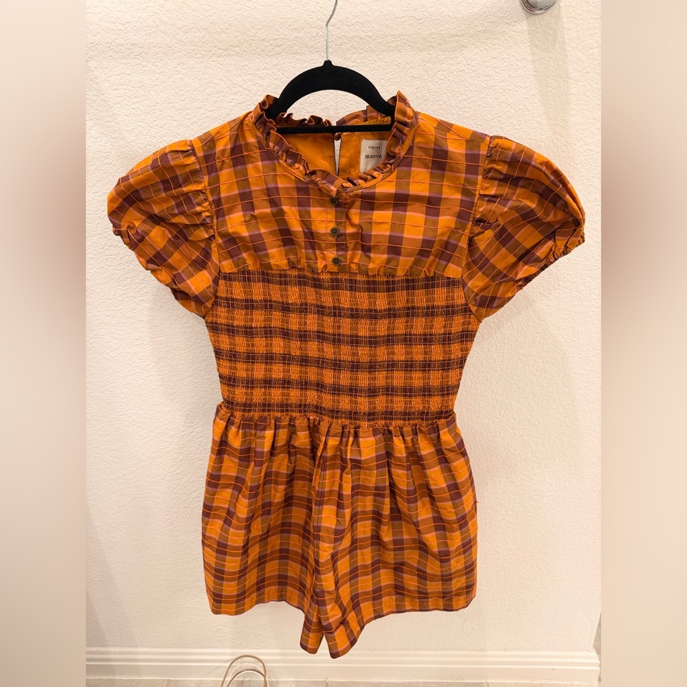 Maeve Orange and Brown Plaid Smocked Romper - Picture 4 of 6